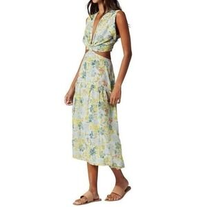 Joie Maeve Silk Cutout Midi Dress Blue Yellow Floral Boho Summer Size 8